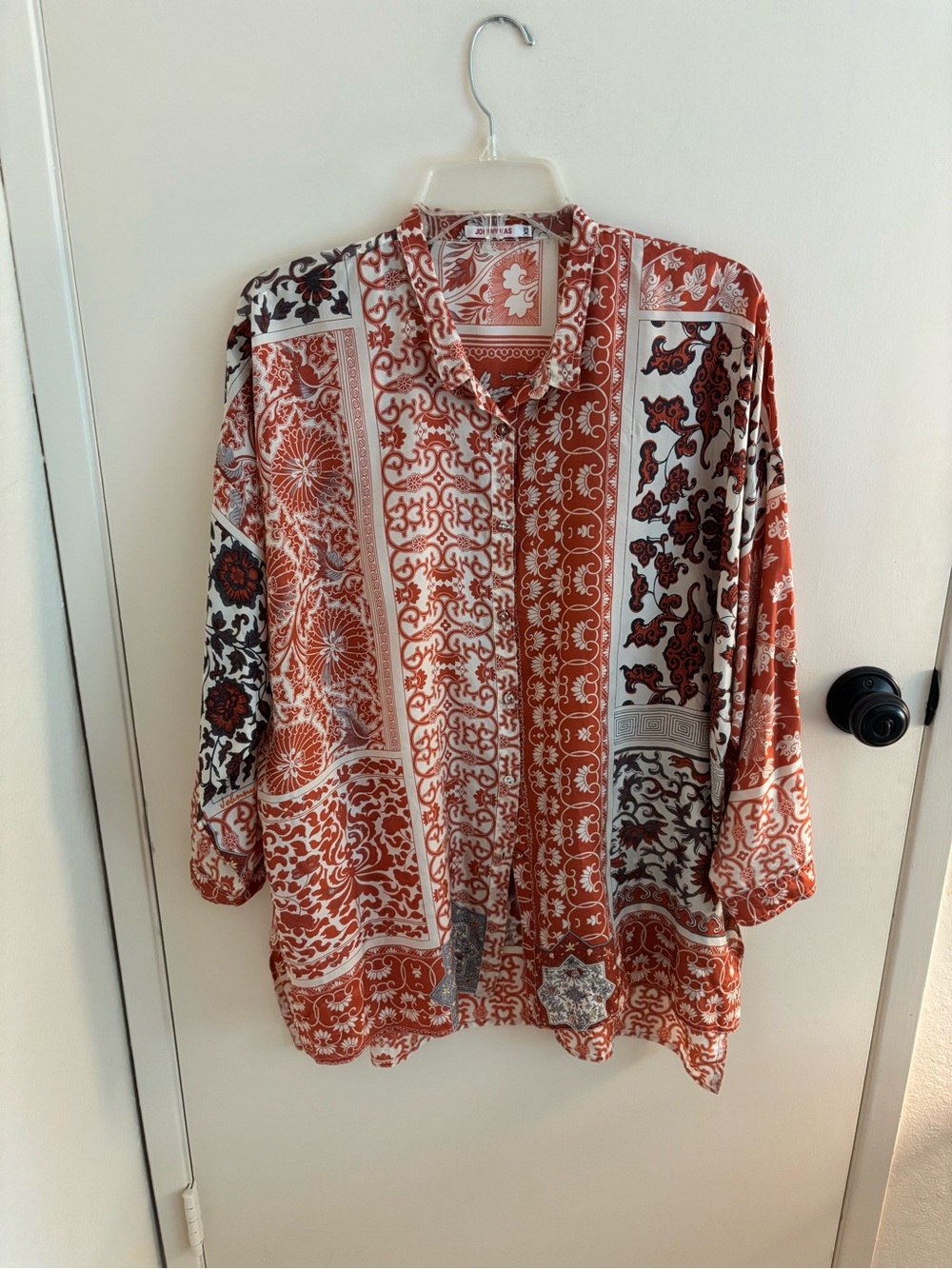 Johnny Was Rust and White Patchwork Button-Down Shirt
